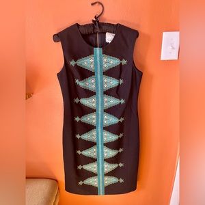 Embroidered 100% Cotton Tabitha Anthropologie Black and Turquoise Dress, Size 4